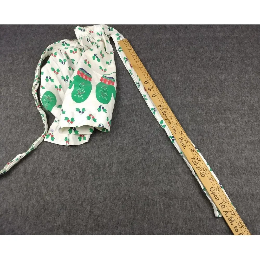 Vintage Cloth HALF APRON Holiday Christmas Lights Mittens White Green Red Pocket